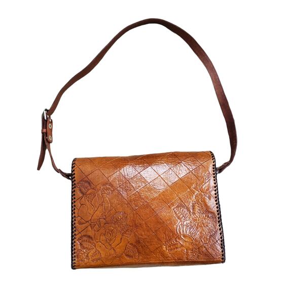 Vintage Crossbody Purse Handbag Brown Leather Tooled Whipstitch Gold Closure - Picture 6 of 15